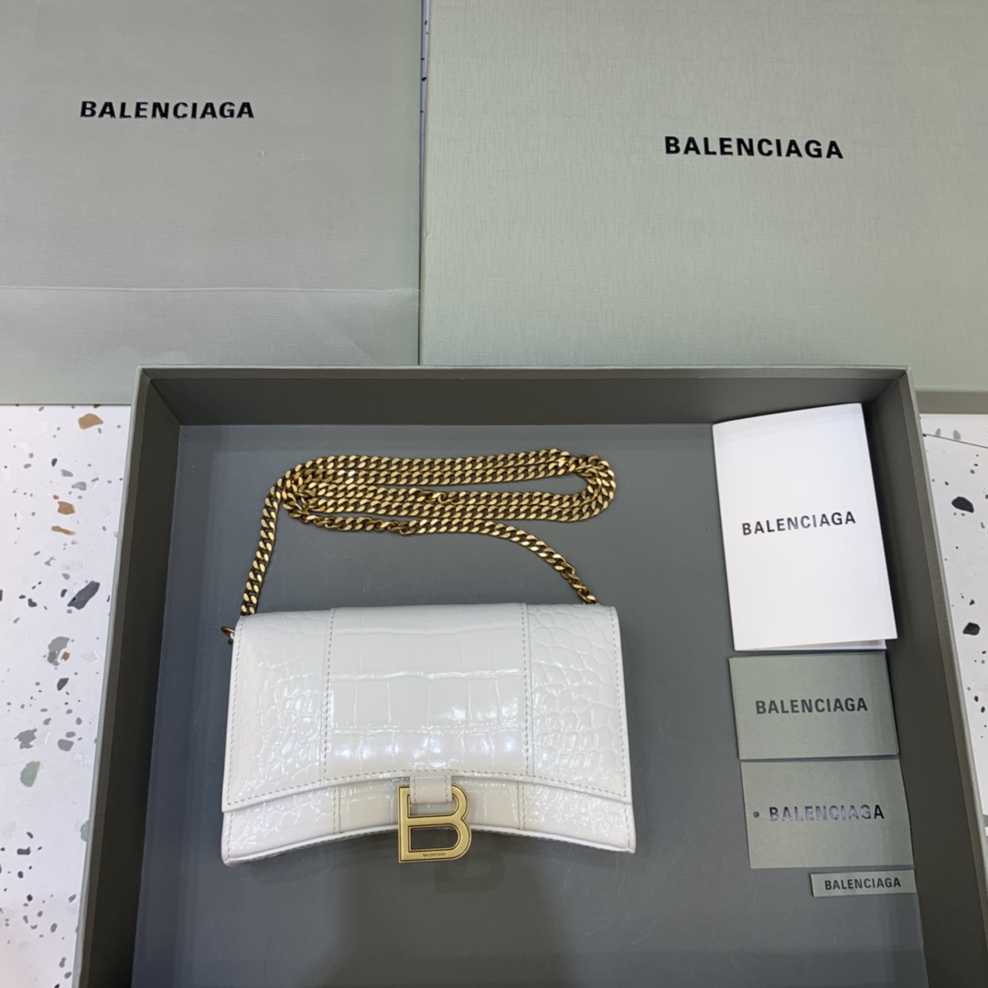 Balenciaga Small Hourglass Wallet With Chain Crocodile Embossed Shoulder Bag White